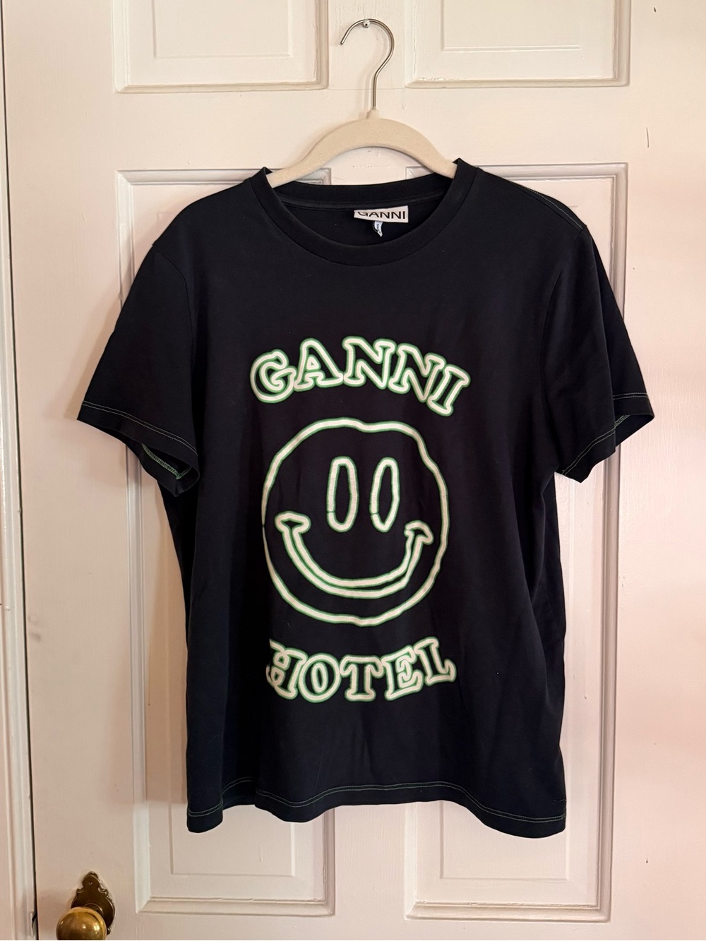 Ganni Black Tee with Neon Green Smiley Graphic